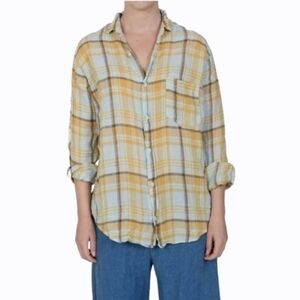 CP Shades 100% Linen Button Down Yellow Plaid Relaxed Shirt Medium Cottagecore